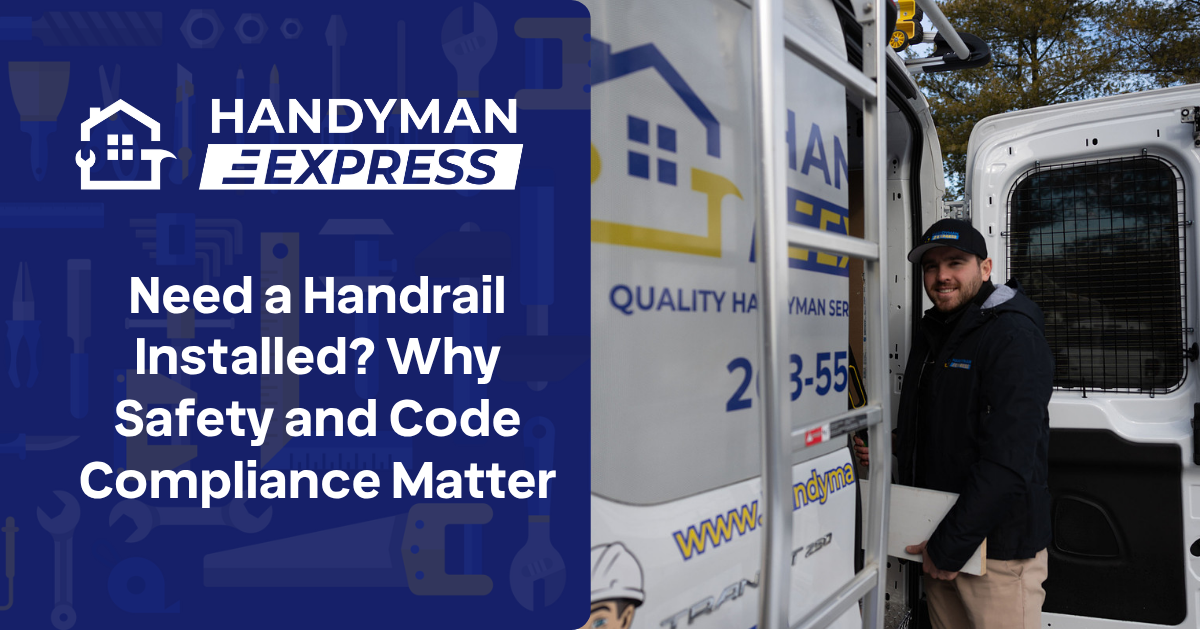 A handyman stands next to a van featuring the Handyman Express logo and text about handrail installation and safety.