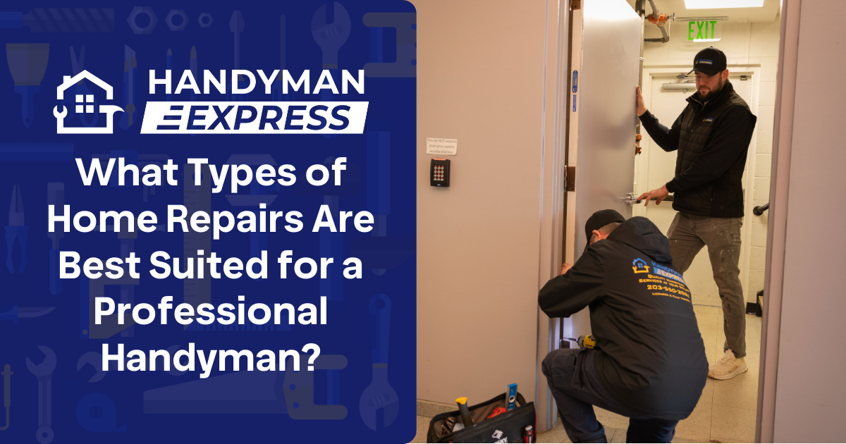 Two people work on a door frame in an office setting. Text overlays read