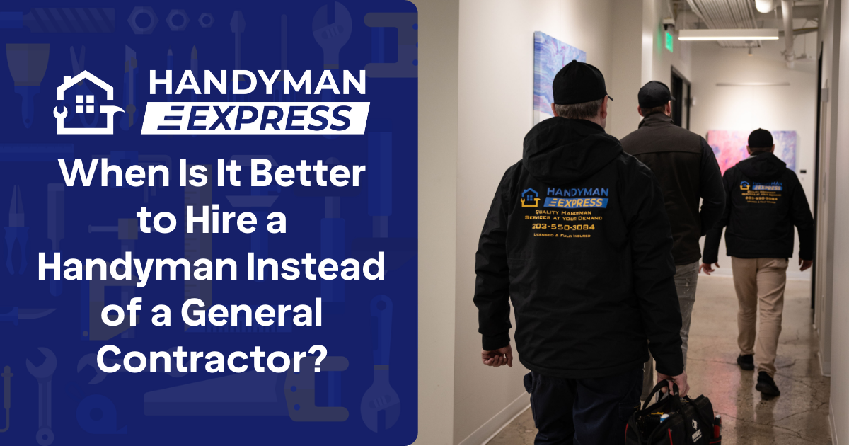 Three people in dark work jackets walk down a hallway next to text about hiring a handyman versus a general contractor.