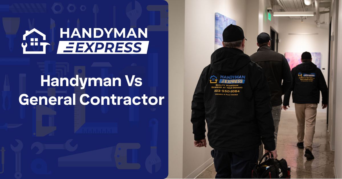 Three people in dark work jackets walk down a hallway next to text about hiring a handyman versus a general contractor.