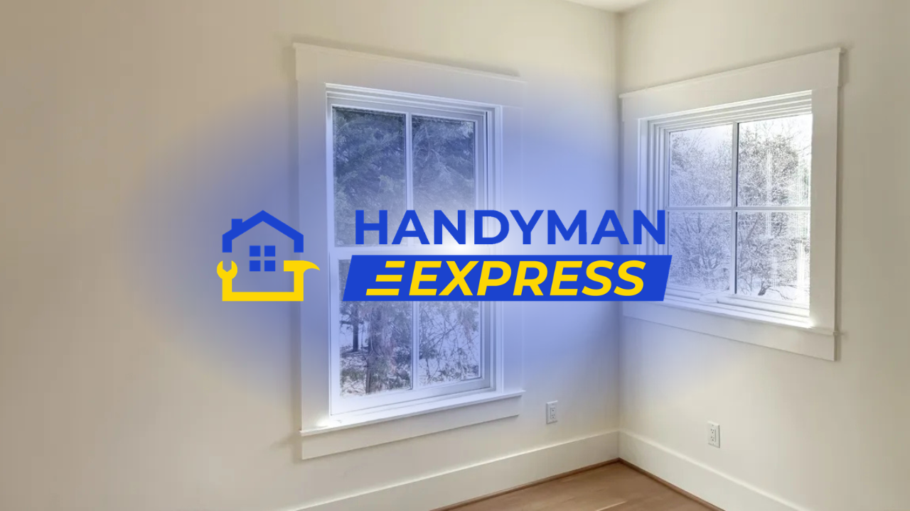 Handyman Express logo over a bright white room with windows and blue-yellow house icon
