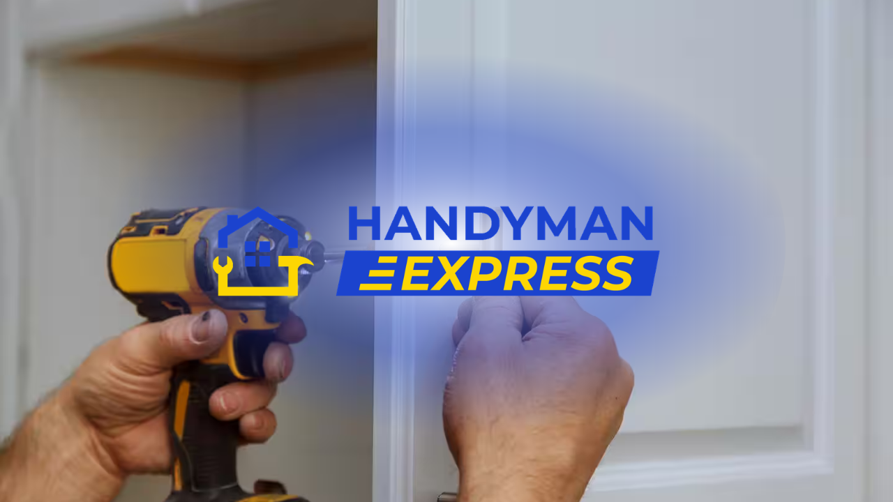 Handyman Express logo over hands using a power drill on a white cabinet door