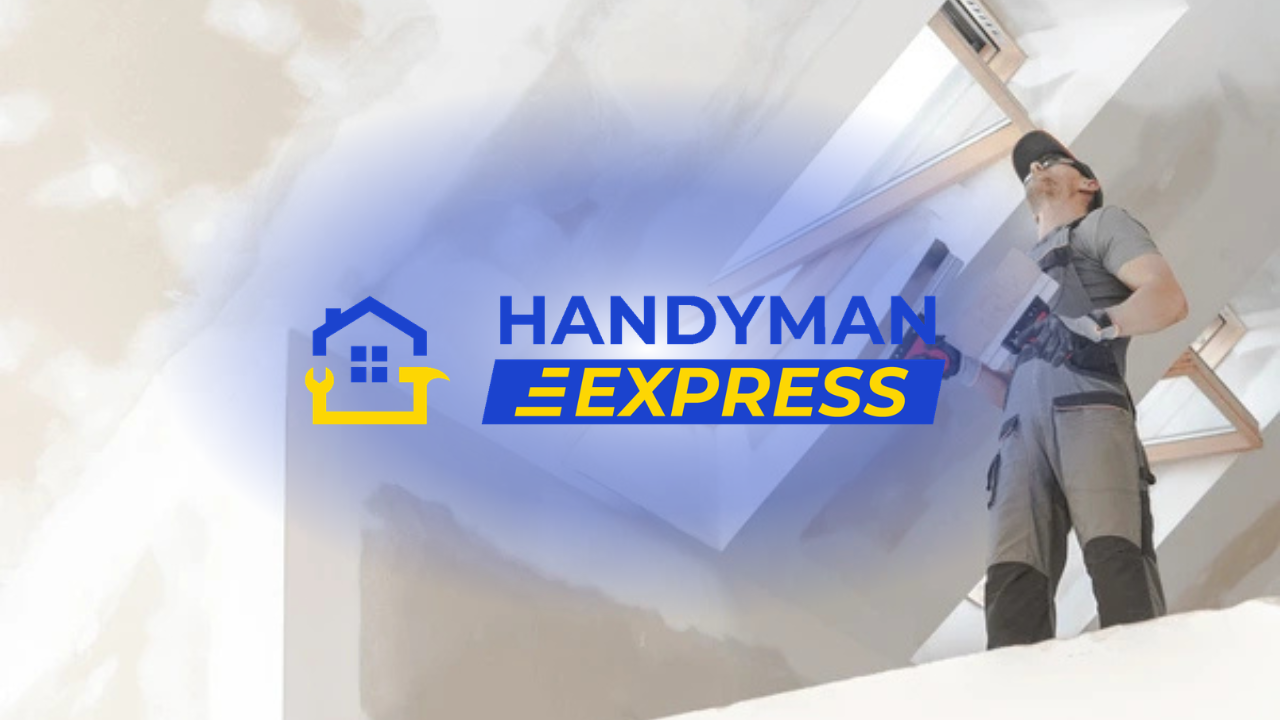 Handyman Express logo over a painter on a ladder with a paint roller, in blue and yellow.