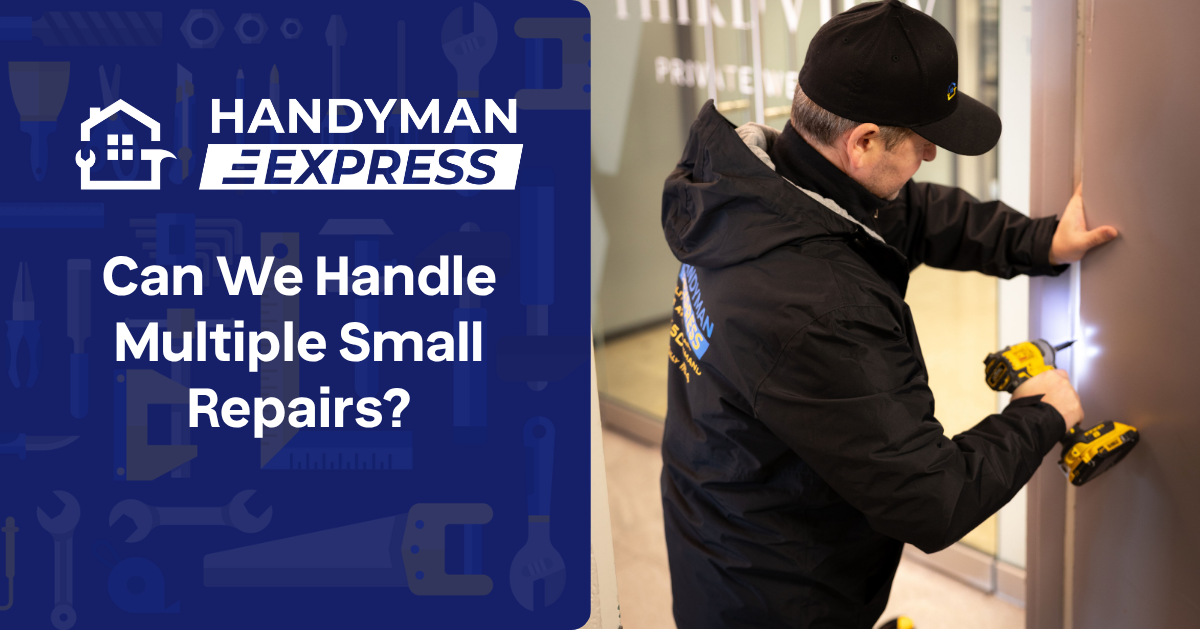 A person in a black jacket and cap uses a power drill on a wall. To the left is the Handyman Express logo and text.