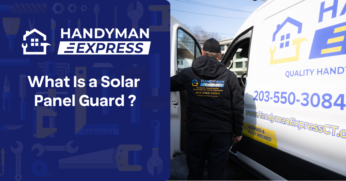 A worker wearing a Handyman Express jacket stands by a service van with contact info, beside text about solar critter guards.