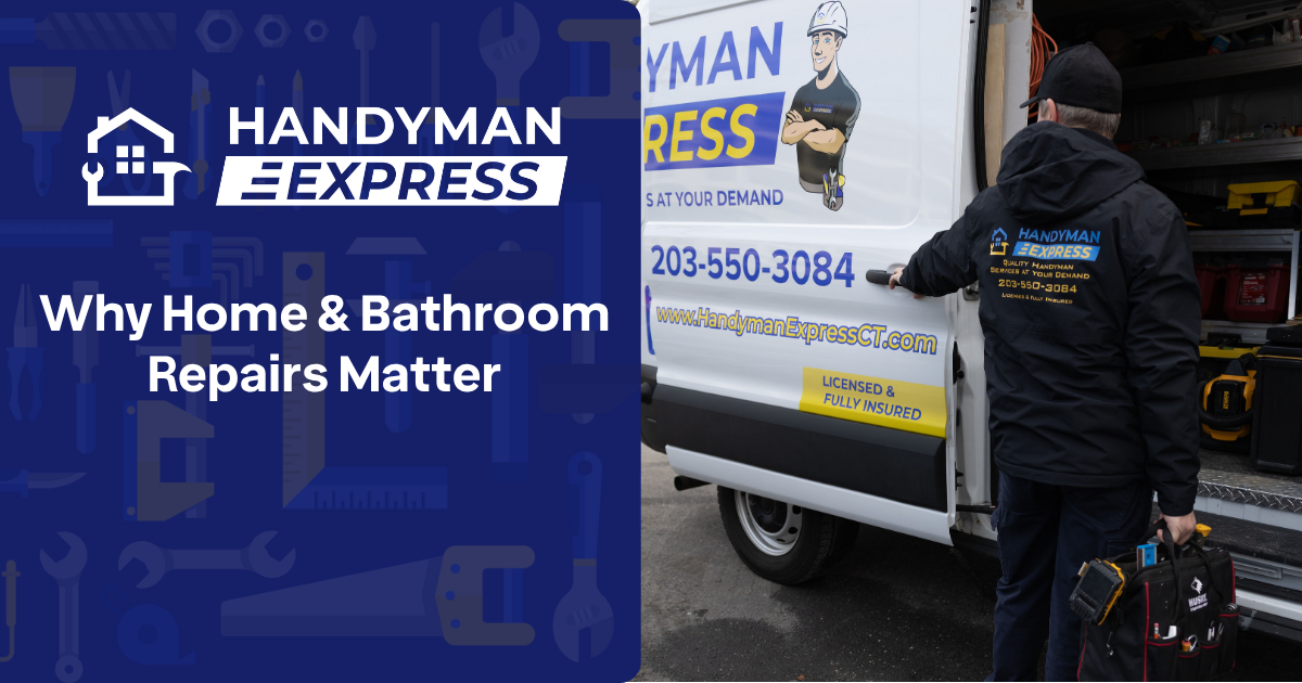 A technician stands by a Handyman Express van next to text explaining solar panel critter guards.
