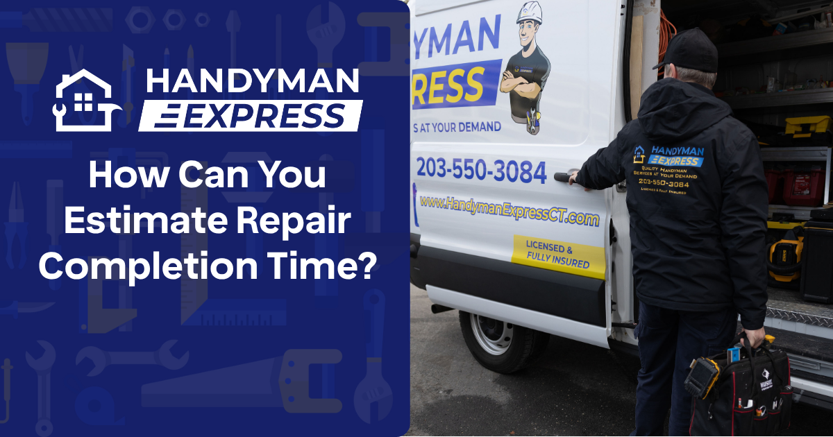 Handyman Express van with contact info and text asking how homeowners can tell if a repair takes a few hours.
