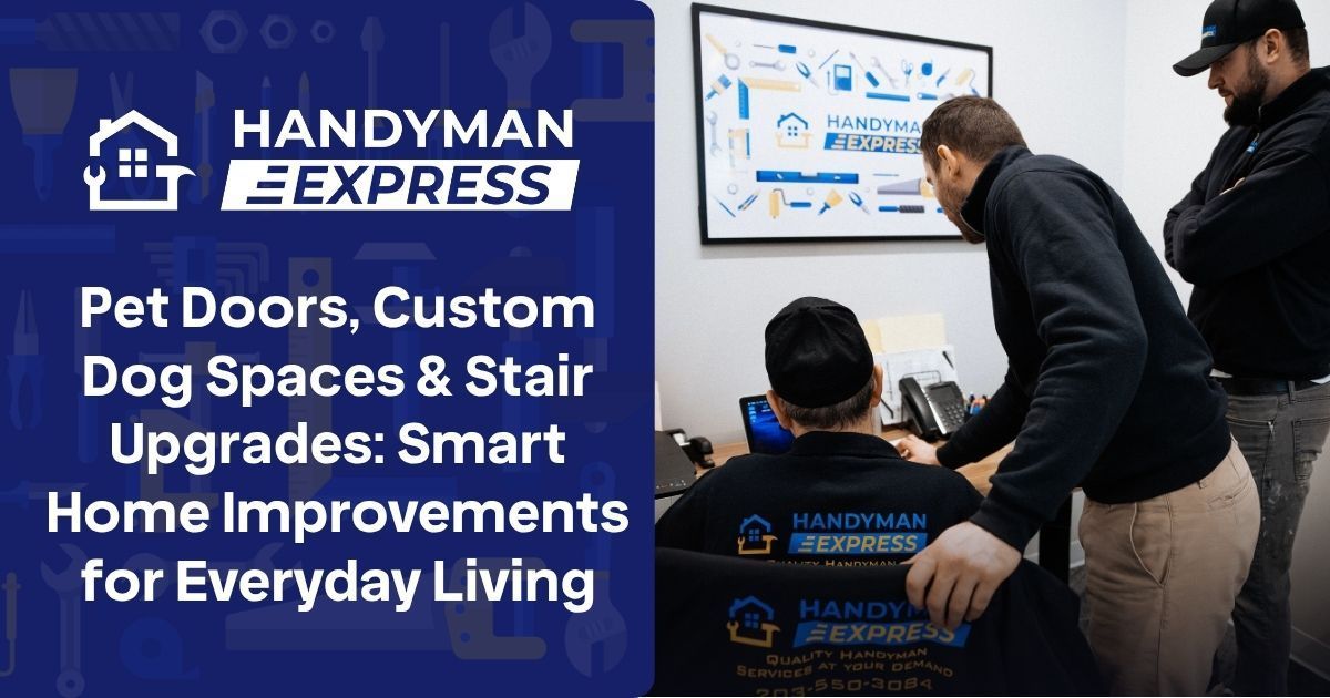 Handyman Express professionals working at a computer in an office, with text detailing pet and home improvement services.