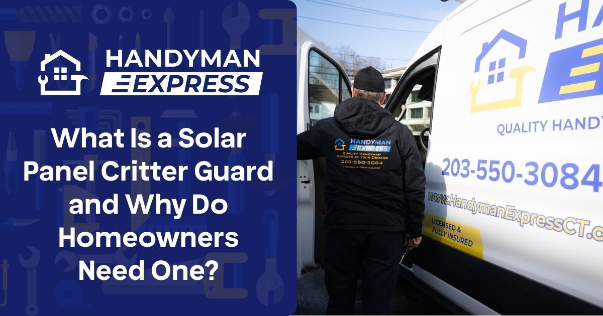 A worker wearing a Handyman Express jacket stands by a service van with contact info, beside text about solar critter guards.