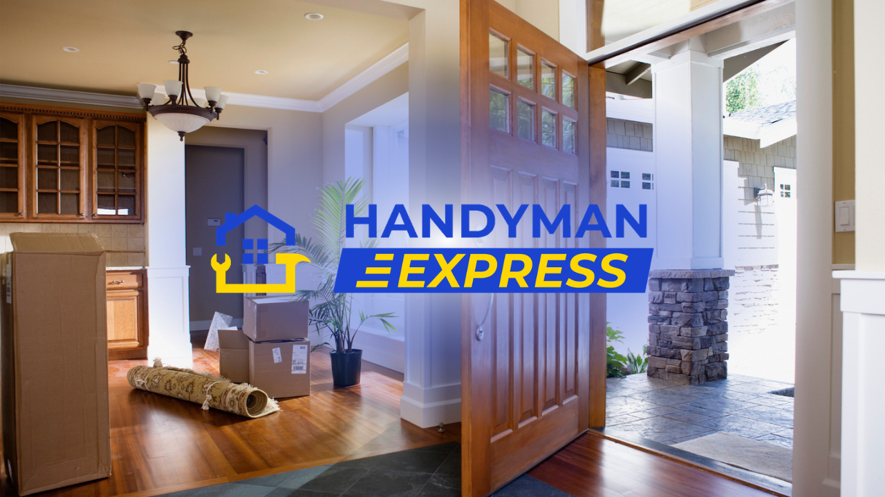 Handyman Express logo over a bright kitchen and entryway renovation scene