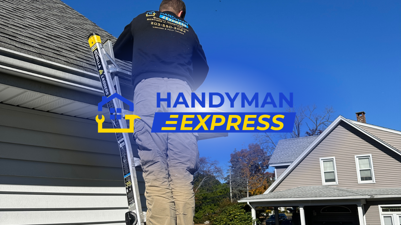 Worker cleaning a house roof with Handyman Express logo overlaid, beside a residential home under a blue sky