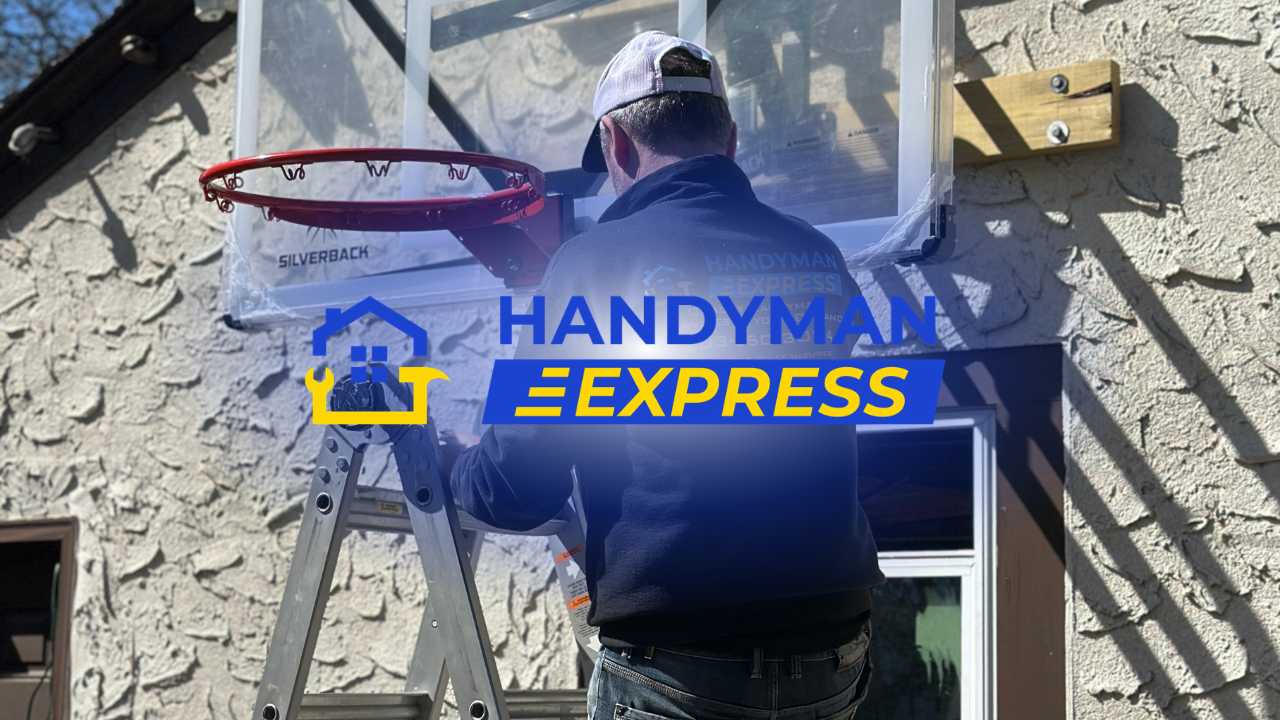 Handyman Express logo on a wall with a worker using a red tool and ladder in the background