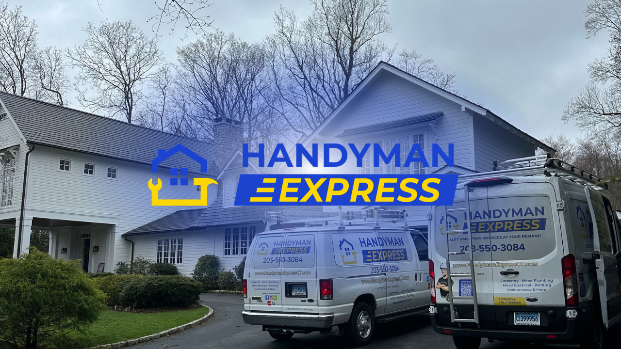Handyman Express vans parked outside a suburban house with the logo overlaid on the image