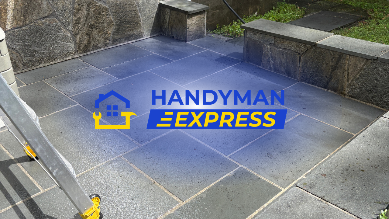 Handyman Express logo over gray stone patio with steps and a small bench