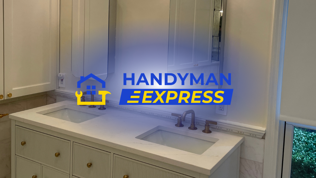 Handyman Express logo over a bright bathroom vanity with sink, mirror, and white cabinets