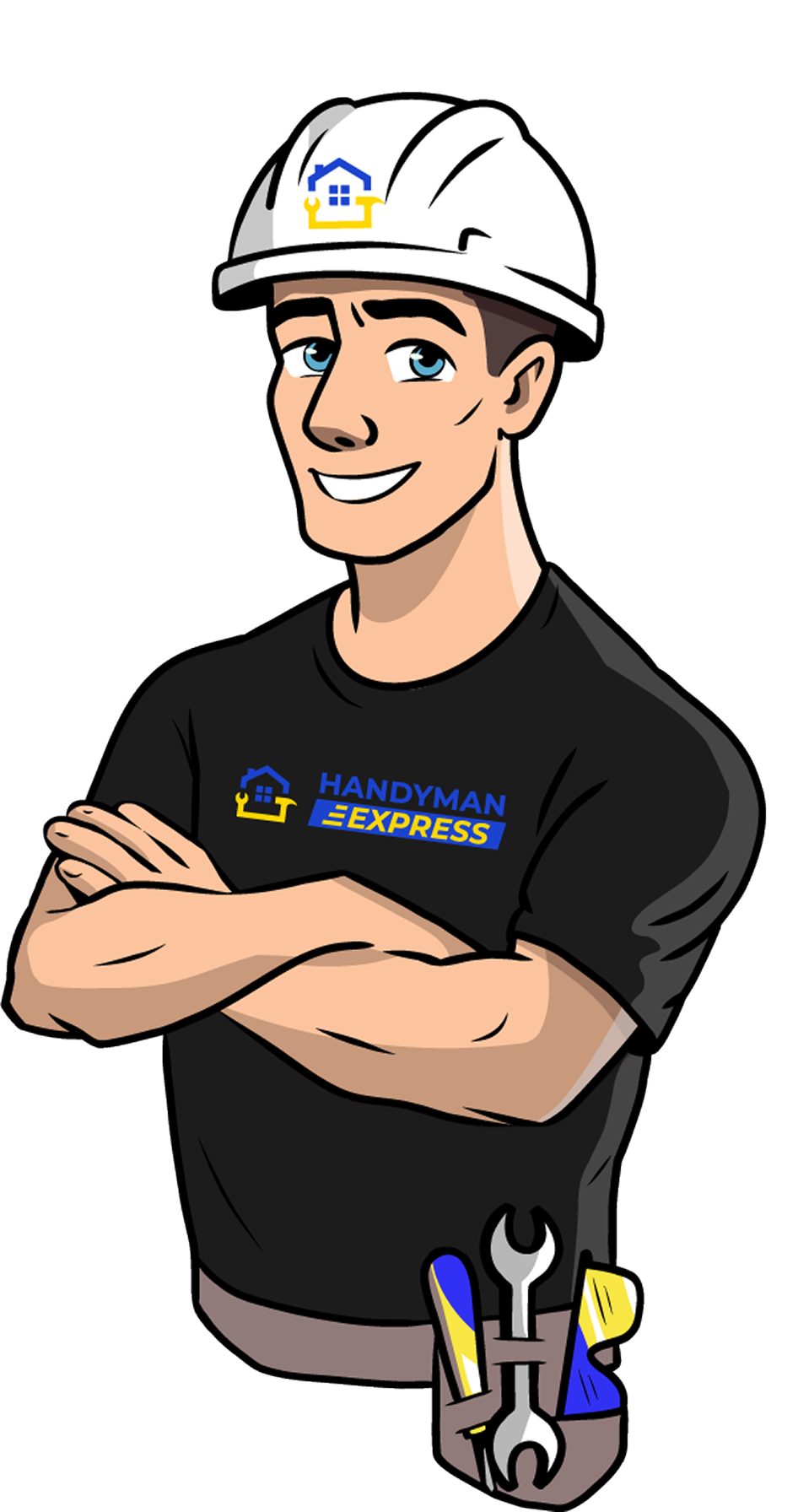 Handyman with arms crossed, wearing a hard hat and tool belt; logo on shirt.