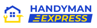 Handyman Express logo: blue house with wrench and hammer in yellow; "HANDYMAN" above "EXPRESS" in yellow on a blue banner.
