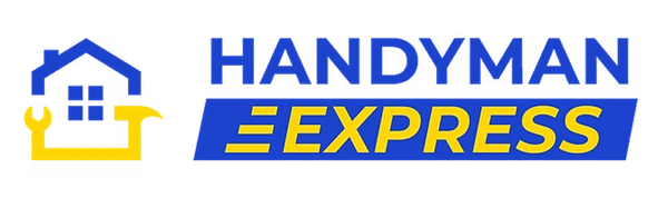Handyman Express logo: blue house with wrench and hammer in yellow; "HANDYMAN" above "EXPRESS" in yellow on a blue banner.