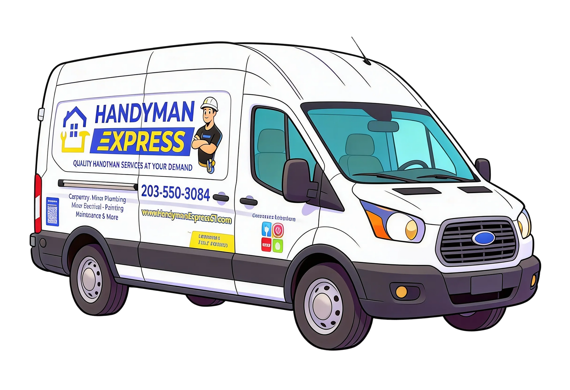 White Handyman Express van with logo, parked.