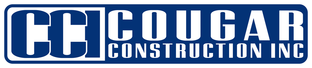 The logo for cougar construction inc. is blue and white.