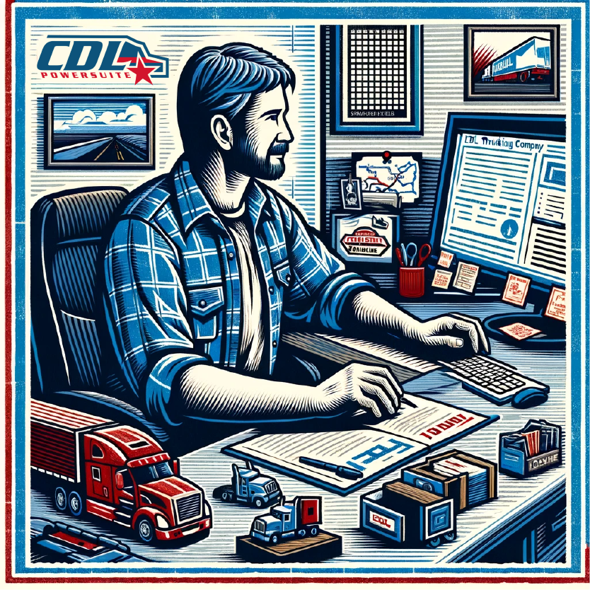an illustration of a CDL Trainer sitting at a desk with a the CDL PowerSuite logo in the background