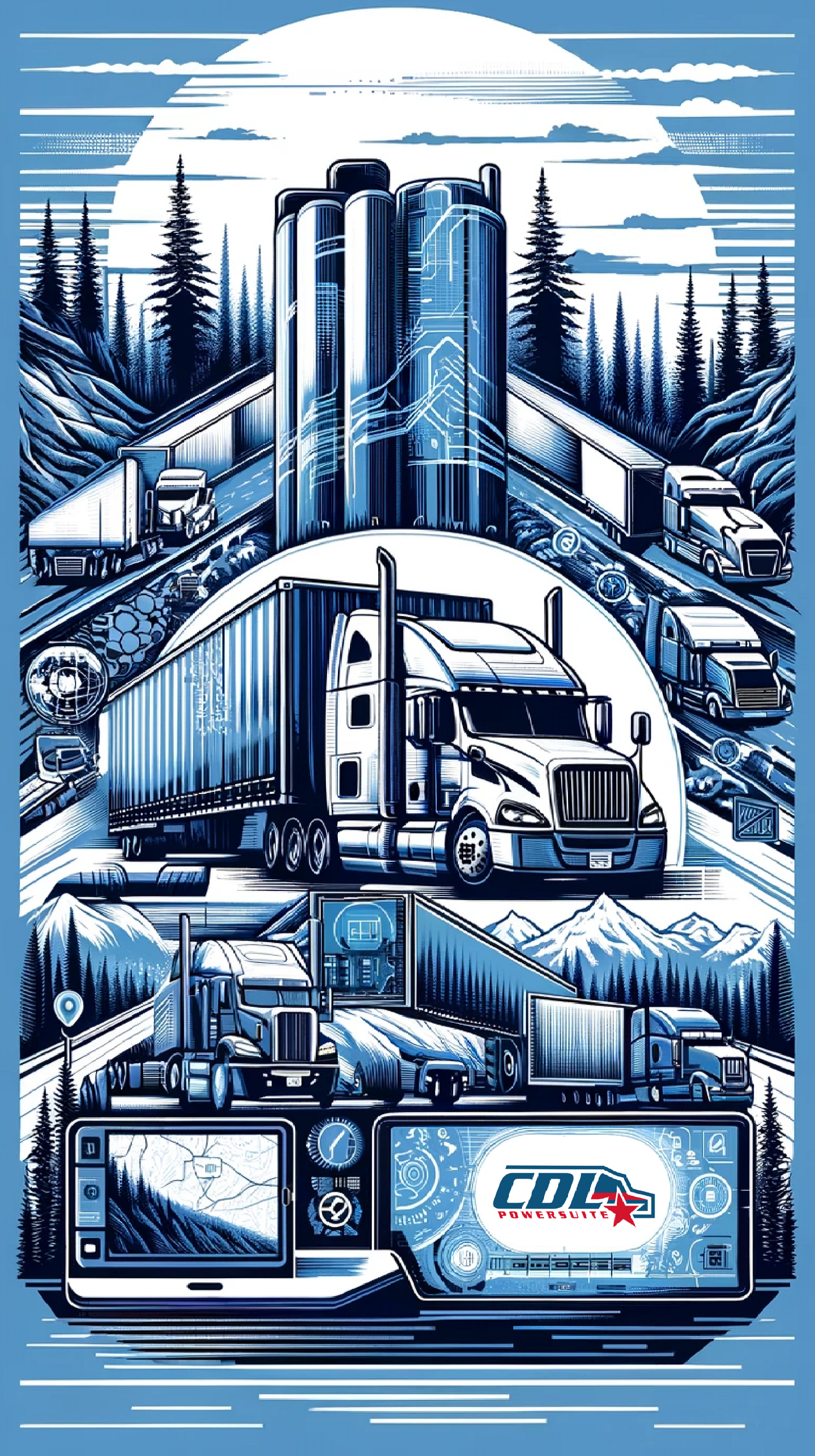 a blue and white illustration of trucks with the words CDL PowerSuite on the bottom