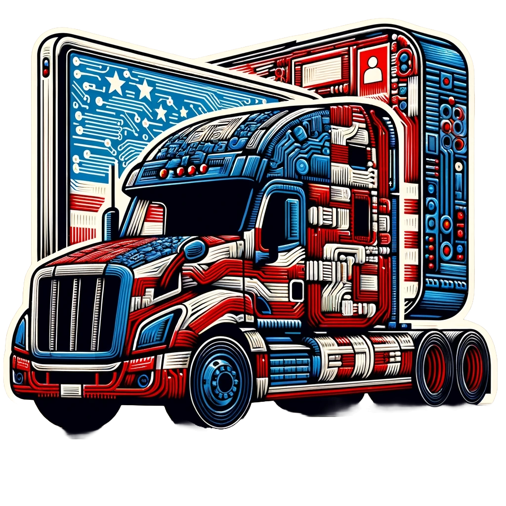 a red white and blue semi truck with an american flag on the side symbolizing American made software CDL PowerSuite