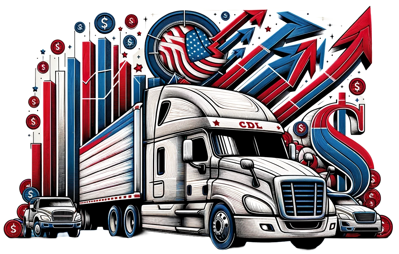 a cdl truck is surrounded by arrows and coins indicating CDL PowerSuite software can streamline the CDL industry