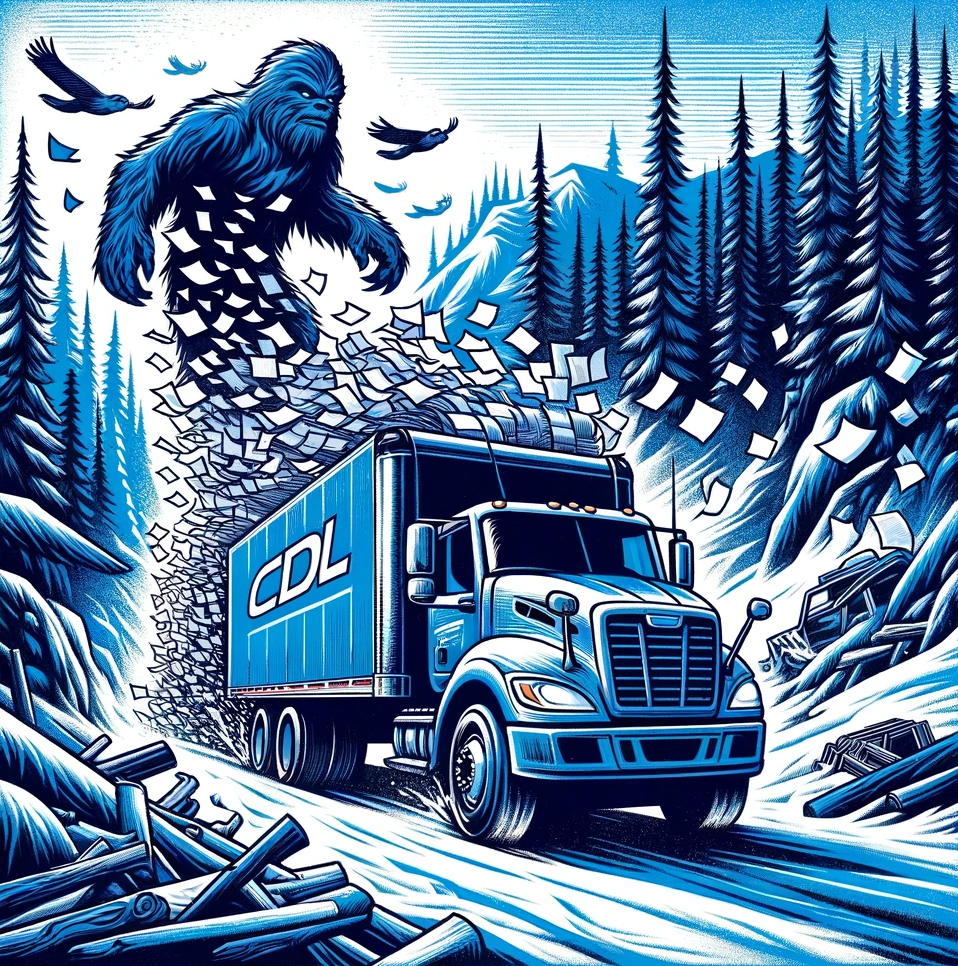 a cdl truck is driving through a snowy forest 