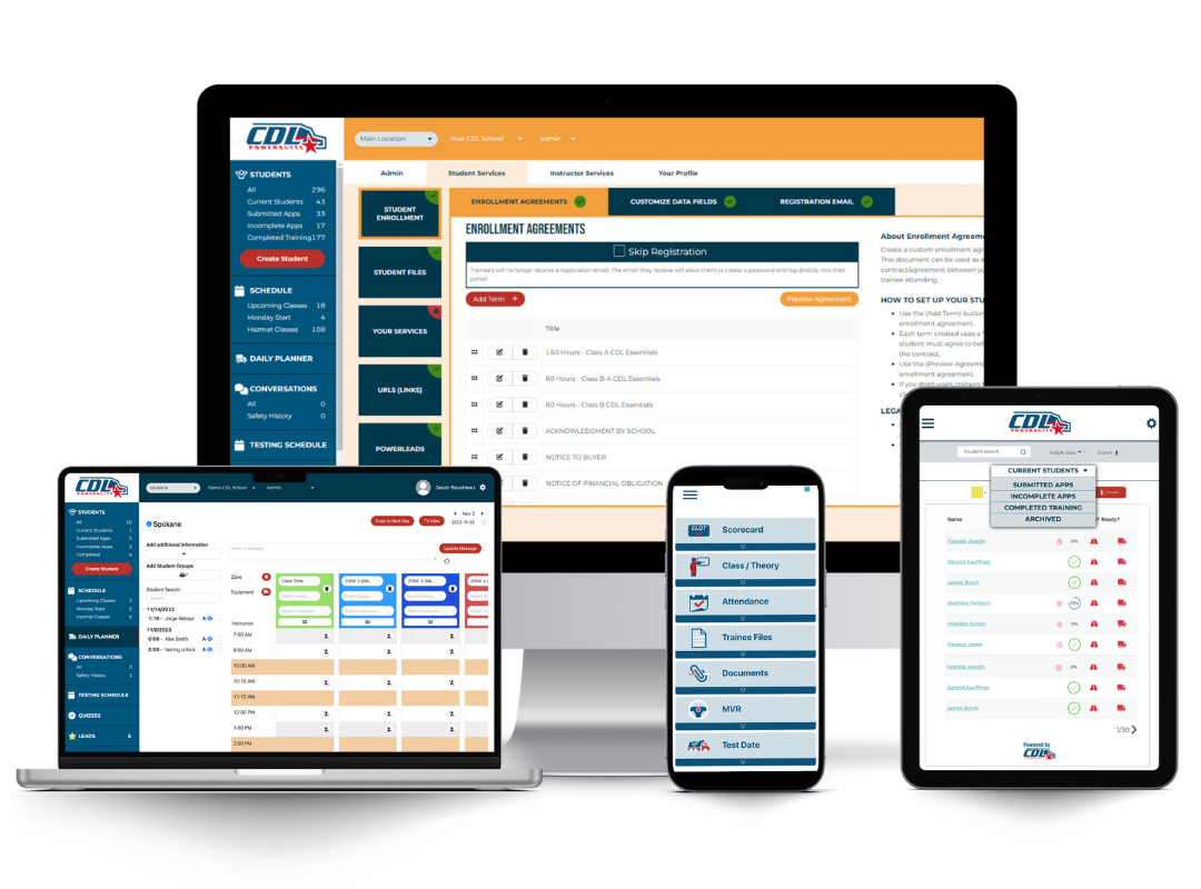 A computer monitor, a cell phone, and a tablet all show the CDL PowerSuite software that allows you to do CDL training, management, and compliance.
