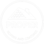 Circular logo with a house outline and the word "PROPER" above "ROOFING AND COATINGS".