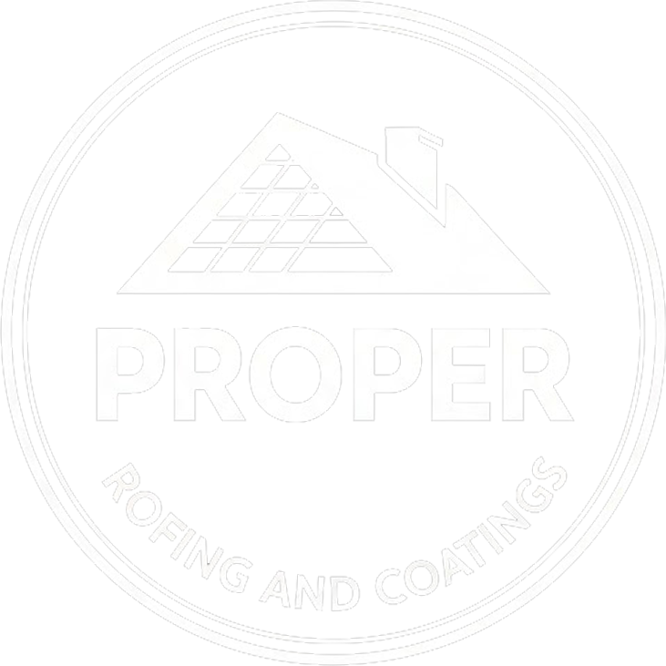 Circular logo with a house outline and the word "PROPER" above "ROOFING AND COATINGS".