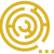 A yellow circle with a spiral inside of it on a white background.