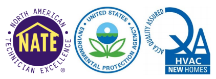 NATE Certified (North American Technician Excellence), PA Certified (Environmental Protection Agency), National Institute for Carbon Monoxide and Combustion Certified, and CSD-1 Boiler Certified. 