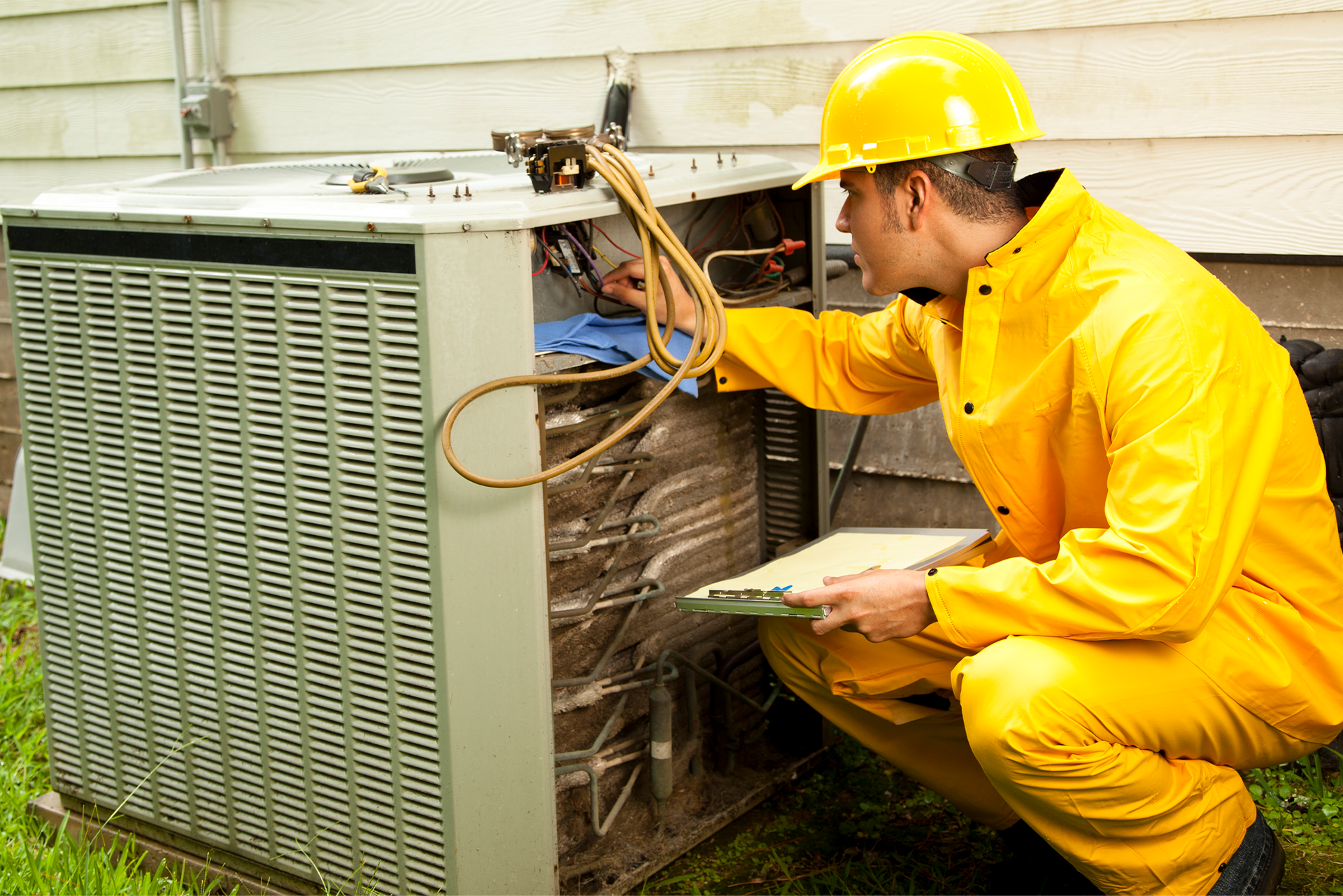 Worker Fixing Air Conditioner — Charlotte, NC — Century Air Conditioning & Heating