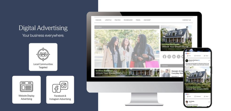 Digital advertising concept: computer and phone showing websites and social media ads, blue background.