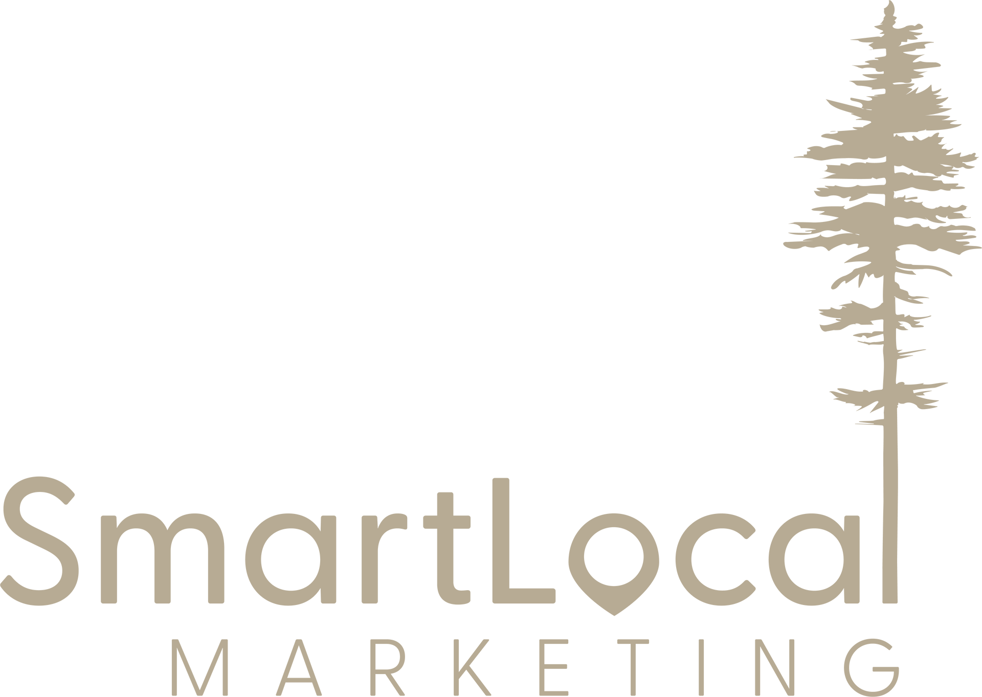 SmartLocal Marketing logo with tree silhouette. Beige text and tree on white background.