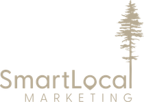 SmartLocal Marketing logo with tree silhouette. Beige text and tree on white background.