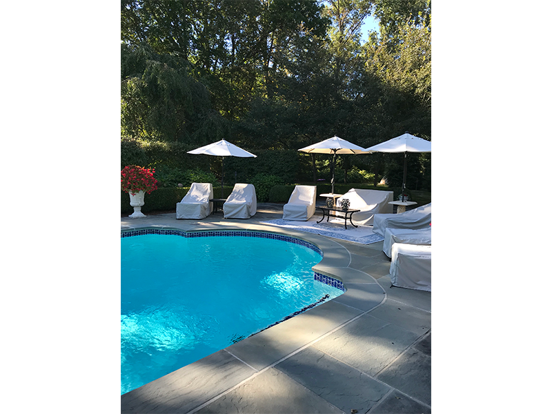 Swimming pool with lounge chairs and umbrellas. Chairs are covered, trees in the background.