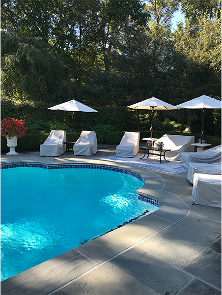 Poolside scene: a blue pool with umbrellas, covered chairs, and lush greenery in the background.