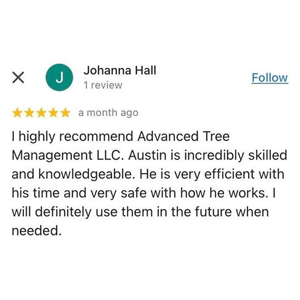 Review of Advanced Tree Management LLC: Johanna Hall recommends them, praising Austin's skills, efficiency, and safety.