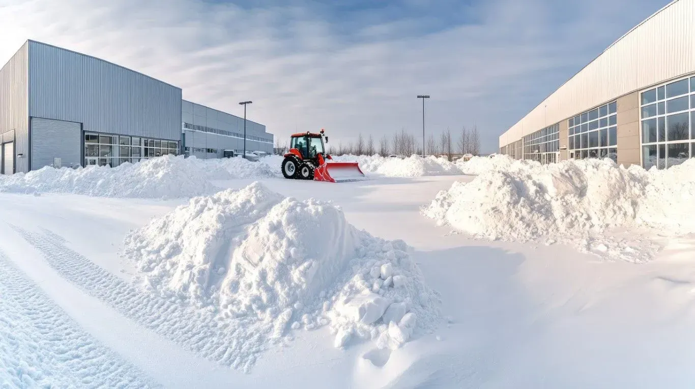 Red tractor plowing a large commercial parking lot after a snowfall.