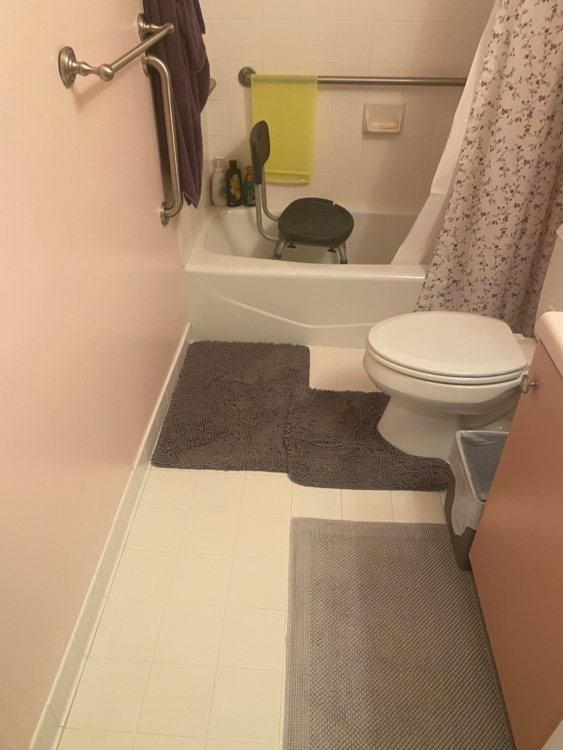 Bathroom: Tub with towel rack, toilet, rugs.  Green handrail over tub.