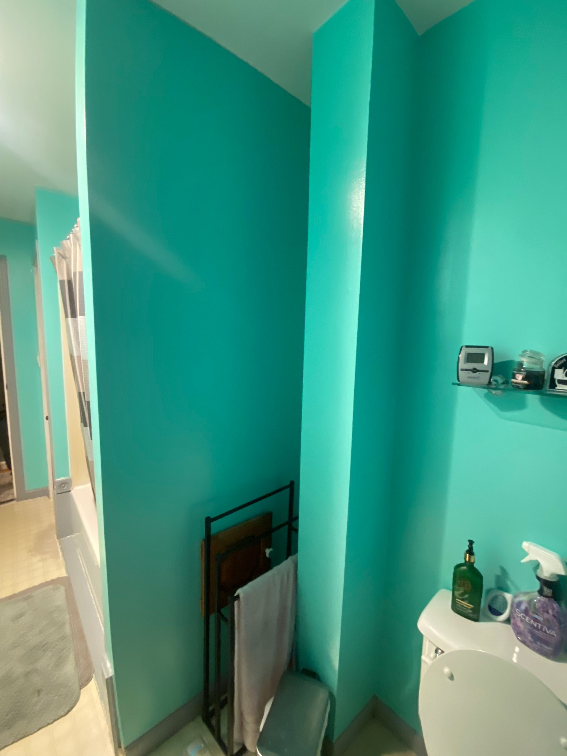 Teal-colored bathroom with a toilet, towel rack, and a doorway leading to another room.