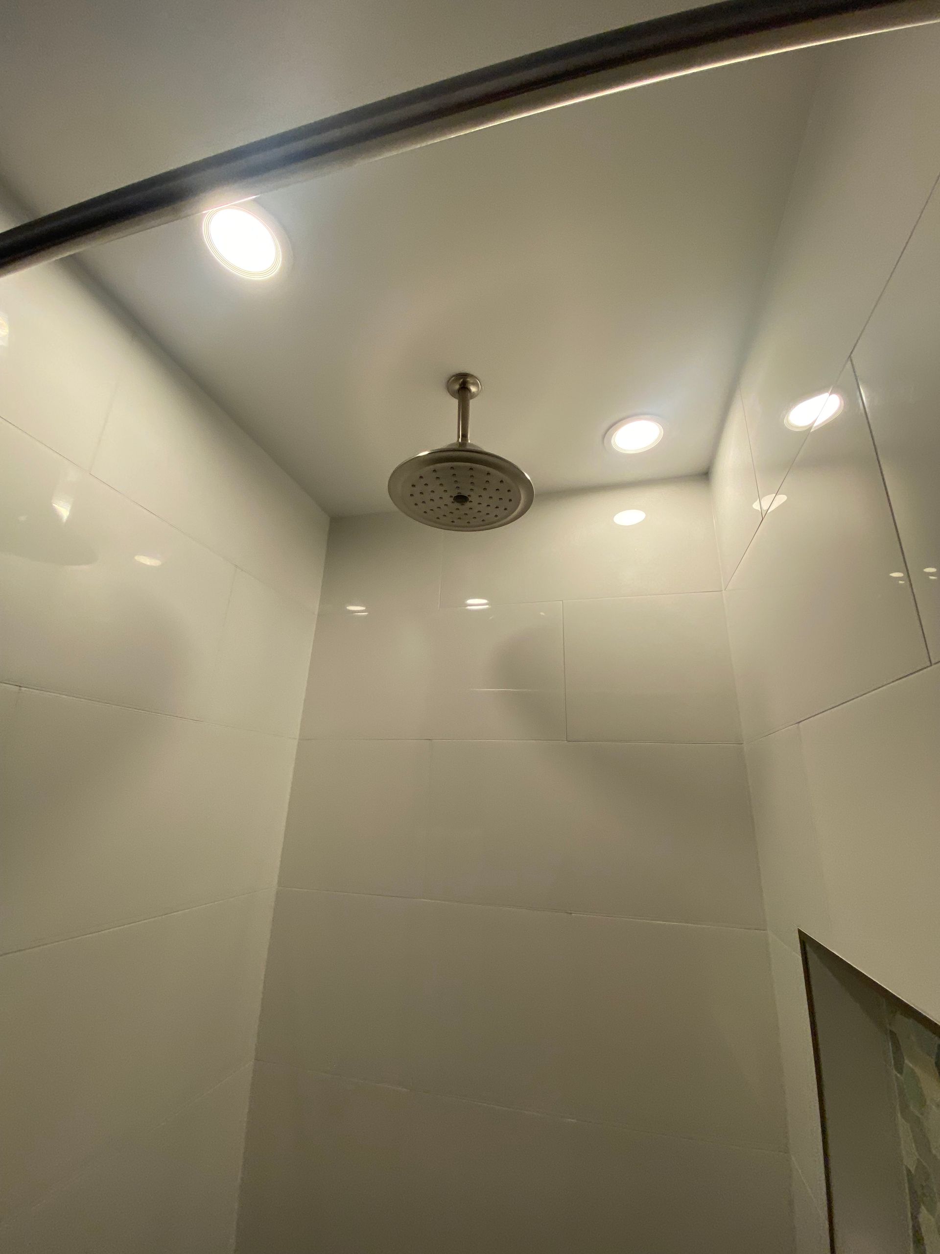 Shower stall with overhead rain shower head and recessed ceiling lights.