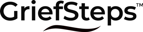 A logo for grief steps with an orange wave on a white background.