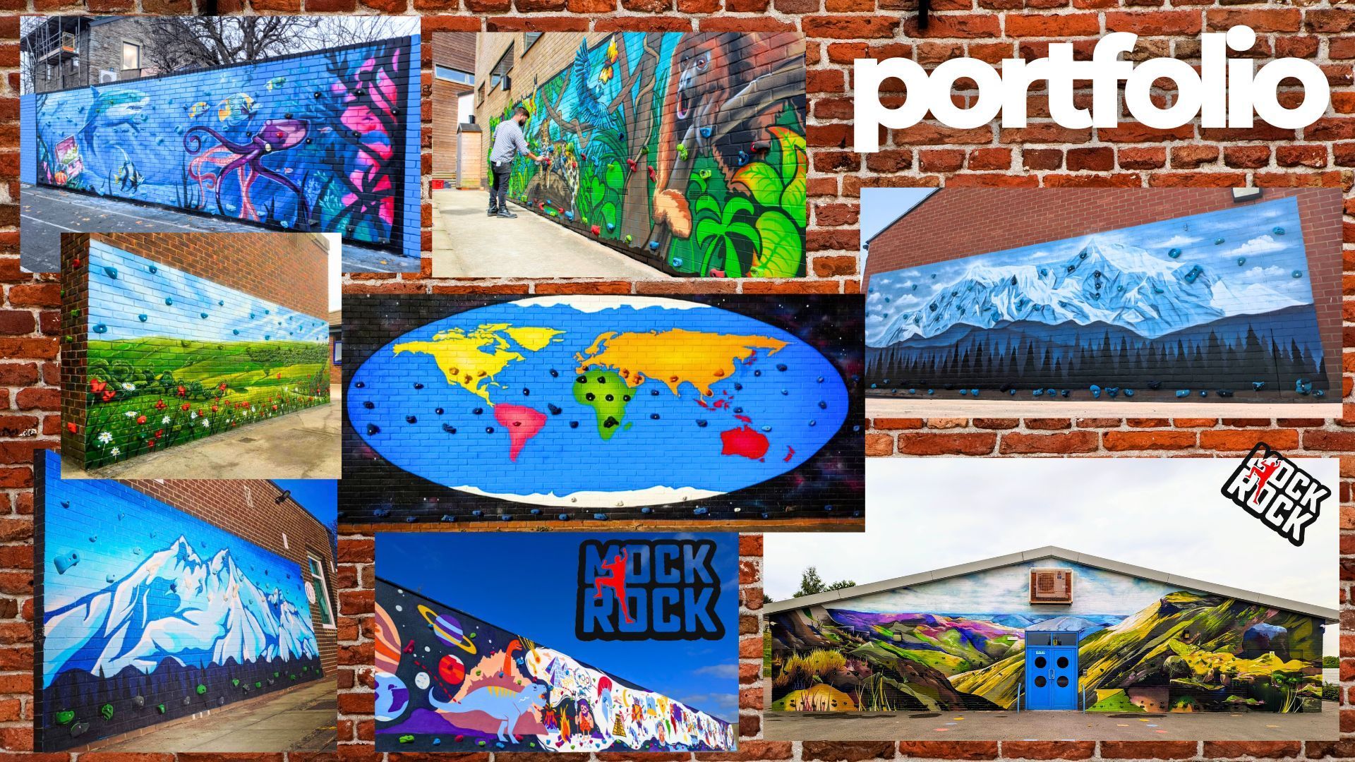Mural portfolio on brick wall: landscapes, maps, and abstract designs in various colors.