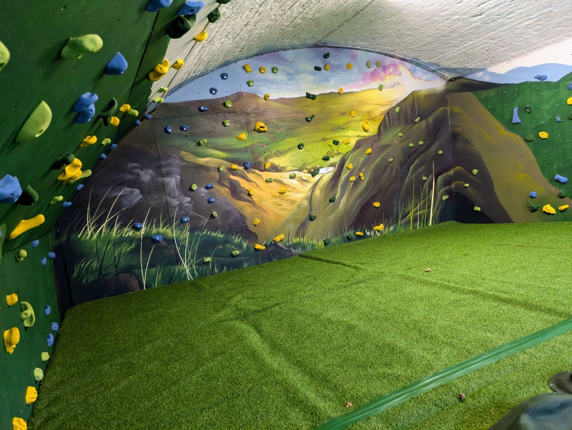 Indoor rock climbing wall with a landscape mural and artificial turf ground.