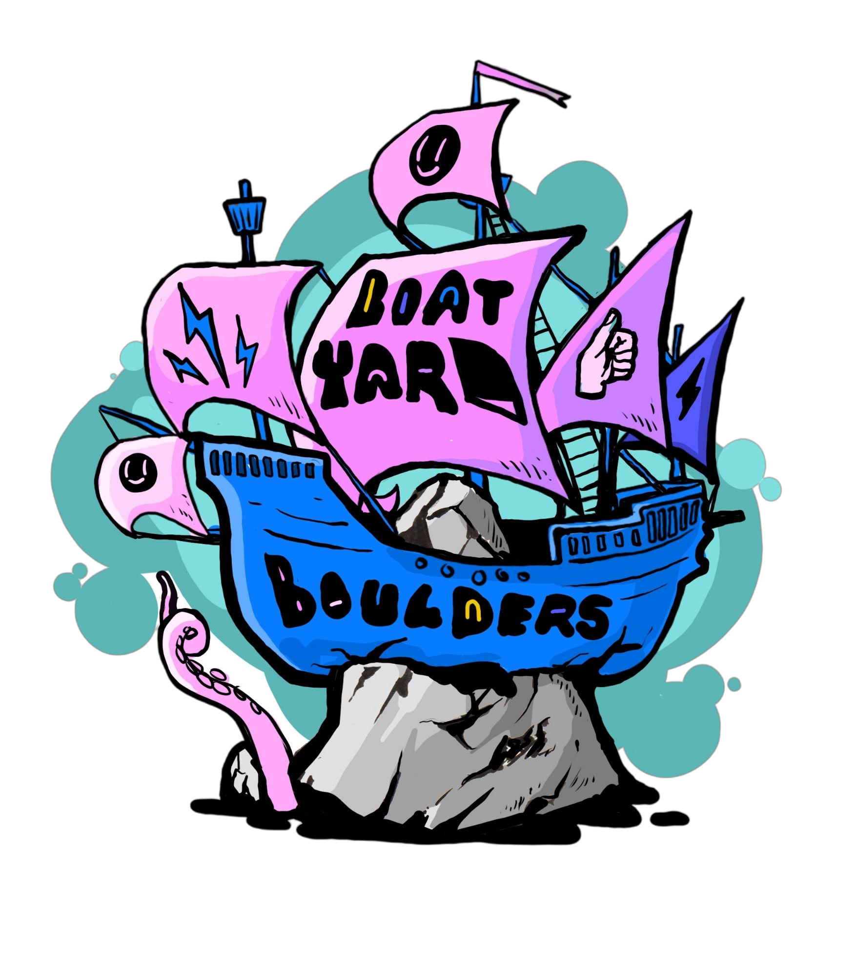 A cartoonish blue boat labeled