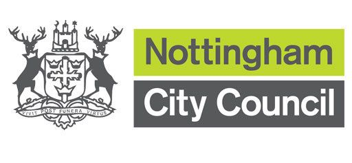 Nottingham City Council logo: Coat of arms with stags, green and gray text 